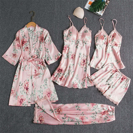 Spring Autumn Sling Five-Piece Women Pajama Set featuring floral designs in pink, includes robe, nightgowns, and shorts.