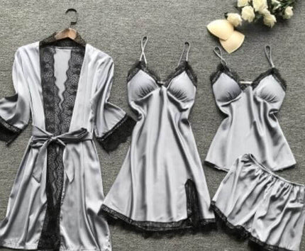 Spring Autumn Sling Five-Piece Women Pajama Set featuring a silky gray robe and matching sleepwear.