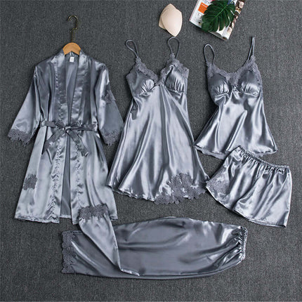 Spring Autumn Sling Five-Piece Women Pajama Set displayed in gray satin, including robe, camisoles, shorts, and skirt.