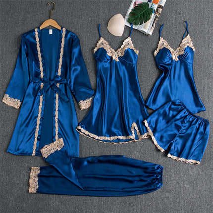 Spring Autumn Sling Five-Piece Women Pajama Set in blue satin with lace detailing.