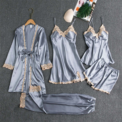 Spring Autumn Sling Five-Piece Women Pajama Set in elegant satin fabric, featuring delicate lace details.