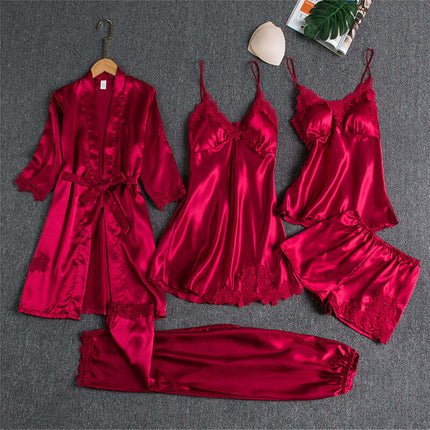 Spring Autumn Sling Five-Piece Women Pajama Set in rich burgundy color featuring a robe, camisole, shorts, and pants.