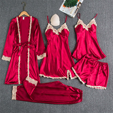 Spring Autumn Sling Five-Piece Women Pajama Set in vibrant red satin with lace accents on robe and sleepwear.