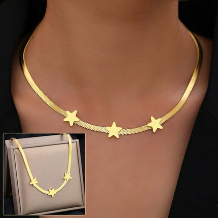 Stainless Steel Gothic Blade Star Choker Women Necklace showcasing a stylish gold star design worn by a model.