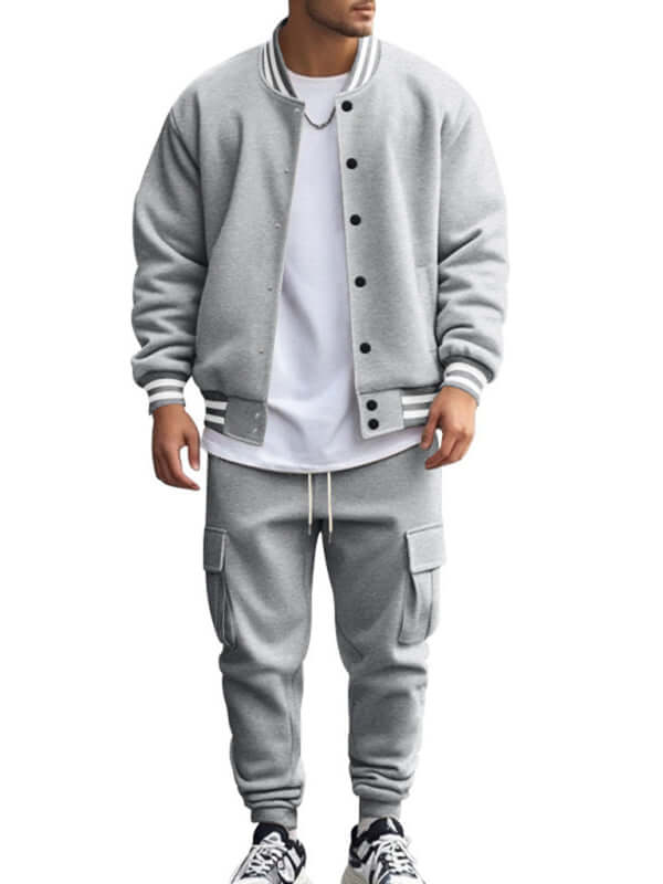 stand collar loose sports fleece suit set with warm jacket front