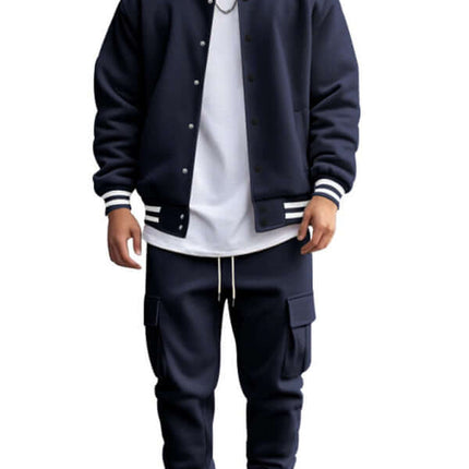 stand collar loose sports fleece suit set with warm jacket back