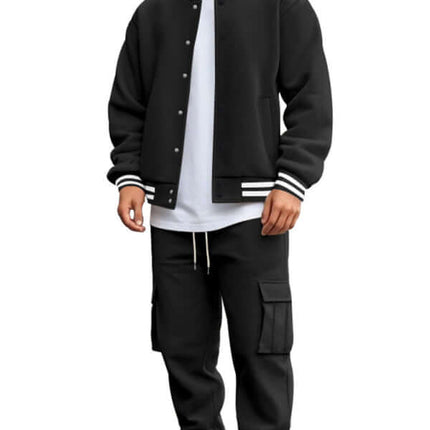stand collar loose sports fleece suit set with warm jacket men’s outfit