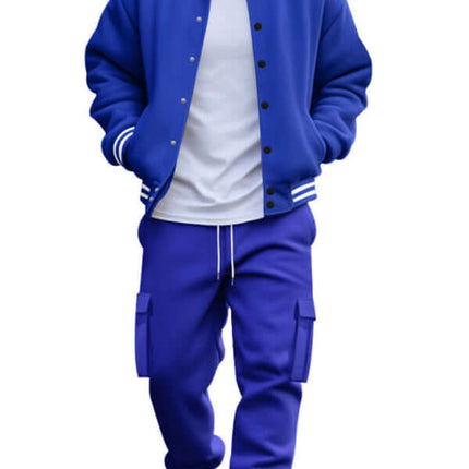stand collar loose sports fleece suit set with warm jacket detail