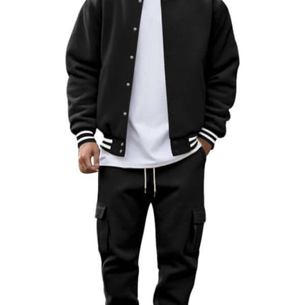 stand collar loose sports fleece suit set with warm jacket trousers