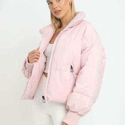 Stand Collar Sleeveless Puffer Vest Jacket for Women front view on model