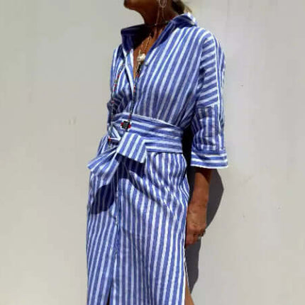 Striped Half-Sleeve Belted Lapel Shirt Dress worn by a model against a light background, showcasing its stylish design.