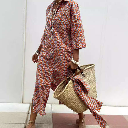 Woman wearing a Striped Half-Sleeve Belted Lapel Shirt Dress with a large straw bag.