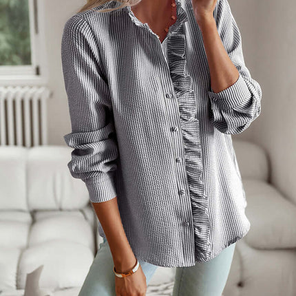 Striped Long Sleeve Shirt stylish ruffle detail.