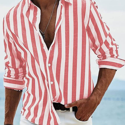 Men wearing Striped Print Casual Loose Long Sleeved Shirt against a beach backdrop.