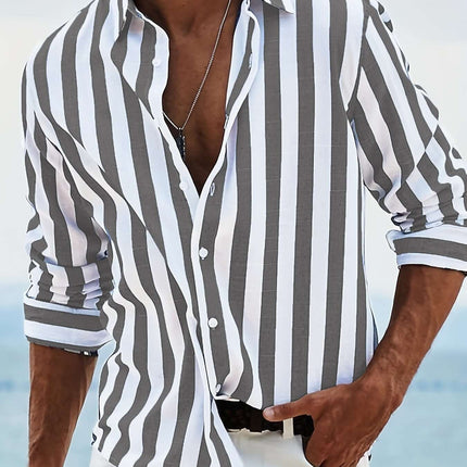 Striped Print Casual Loose Long Sleeved Shirt for Men worn by a man at the beach.