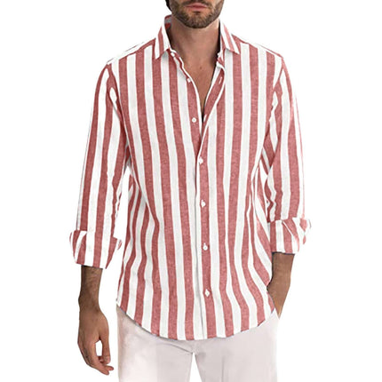 Striped Print Casual Loose Long Sleeved Shirt for Men worn by model, featuring red and white stripes.