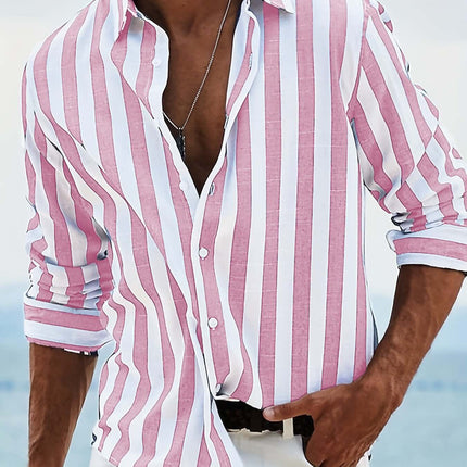 Striped Print Casual Loose Long Sleeved Shirt for Men in a stylish beach setting.