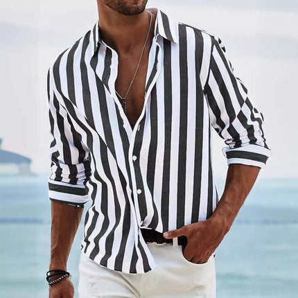 Striped Print Casual Loose Long Sleeved Shirt for Men worn by a man near the beach with a relaxed style.