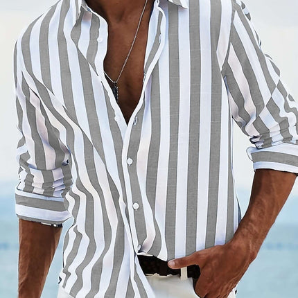Striped Print Casual Loose Long Sleeved Shirt for Men modeled in outdoor setting.
