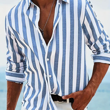Striped Print Casual Loose Long Sleeved Shirt for Men, featuring blue and white stripes, perfect for casual wear.