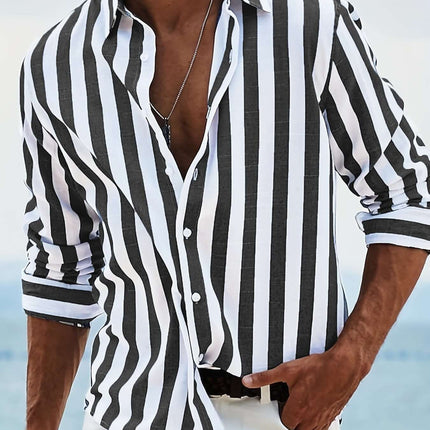 Striped Print Casual Loose Long Sleeved Shirt for Men with black and white stripes, perfect for casual outings.