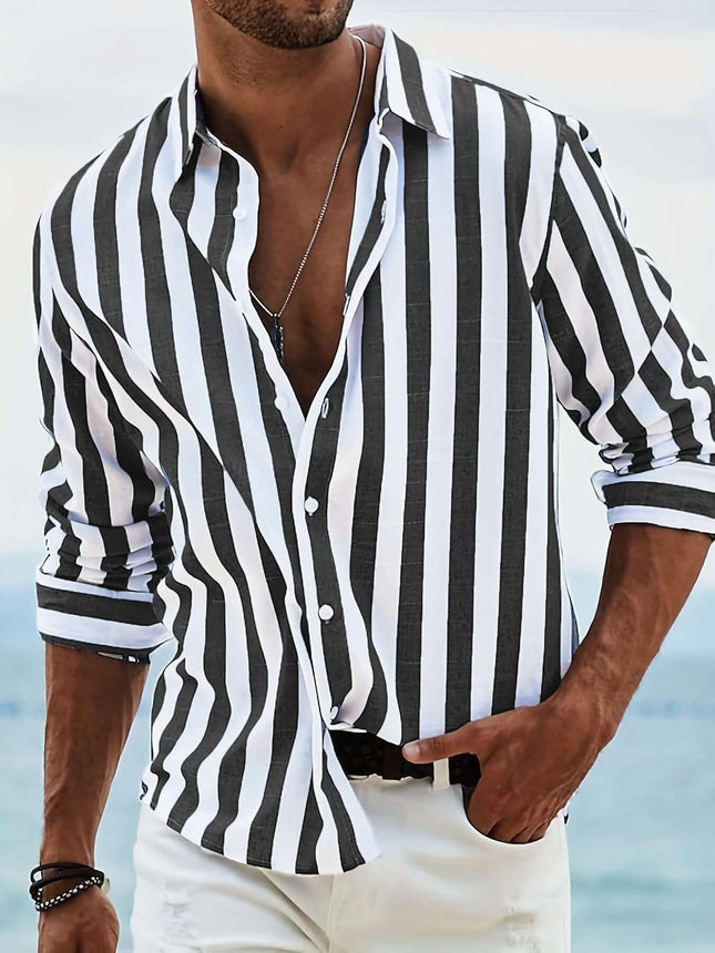 Striped Print Casual Loose Long Sleeved Shirt for Men with black and white stripes, perfect for casual outings.