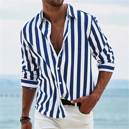 Striped Print Casual Loose Long Sleeved Shirt for Men worn by a man at the beach.