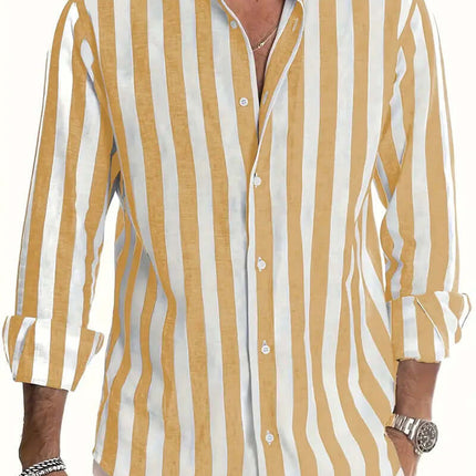 Striped Print Casual Loose Long Sleeved Shirt for Men featuring yellow and white stripes and button-up front.