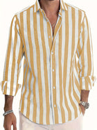 Striped Print Casual Loose Long Sleeved Shirt for Men featuring yellow and white stripes and button-up front.