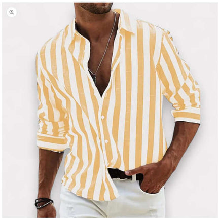 Striped Print Casual Loose Long Sleeved Shirt for Men featuring yellow and white stripes.