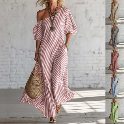 Striped Print Off-Shoulder Short Sleeve Maxi Dress industrial manufacturing double scale measurement breakdown schematic.