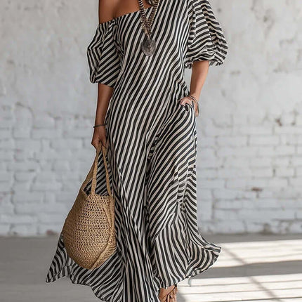 Striped Print Off-Shoulder Short Sleeve Maxi Dress beautiful nautical blue option draped smoothly for ocean cruise lounge wear.