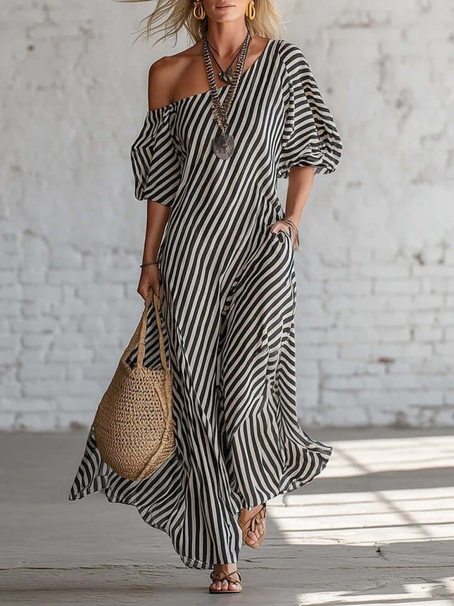 Striped Print Off-Shoulder Short Sleeve Maxi Dress beautiful nautical blue option draped smoothly for ocean cruise lounge wear.