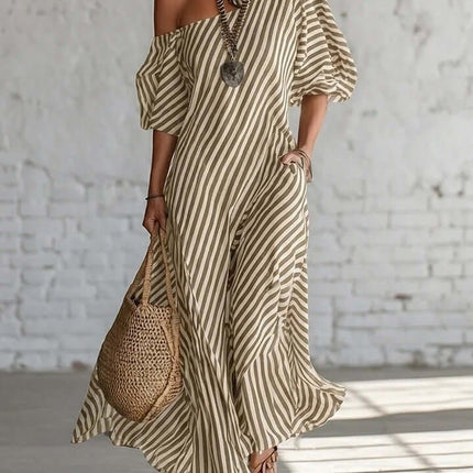 Striped Print Off-Shoulder Short Sleeve Maxi Dress flowing ankle-length long maxi skirt flow displaying dynamic fabric movement.