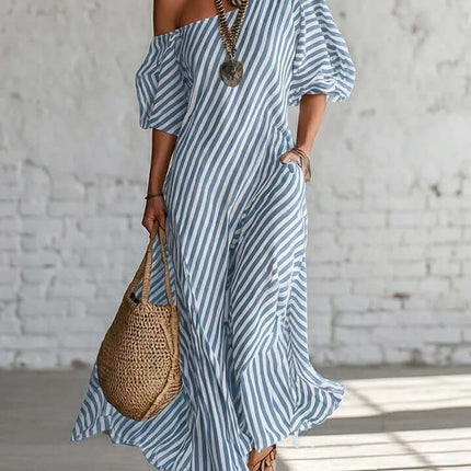 Striped Print Off-Shoulder Short Sleeve Maxi Dress vibrant red striped pattern variation showcasing bold vacation aesthetics.