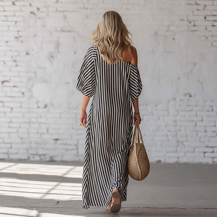 Striped Print Off-Shoulder Short Sleeve Maxi Dress tropical green colorway presenting crisp line symmetry and holiday appeal.
