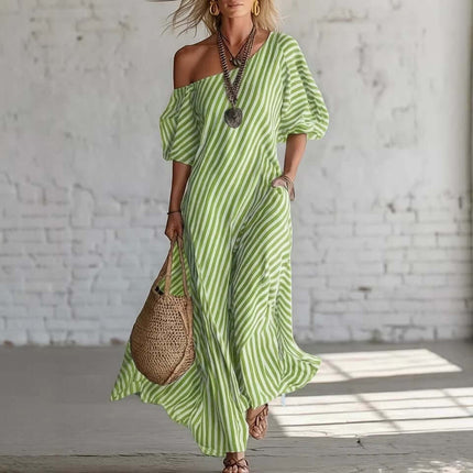 Striped Print Off-Shoulder Short Sleeve Maxi Dress sleek classic black and white stripe blend presenting sophisticated urban flair.