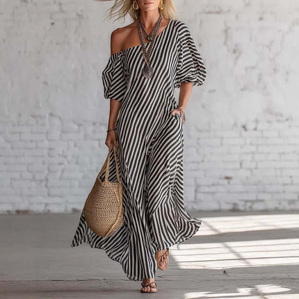 Striped Print Off-Shoulder Short Sleeve Maxi Dress elegant drop-shoulder cut looking fluid and secure across the shoulder lines.