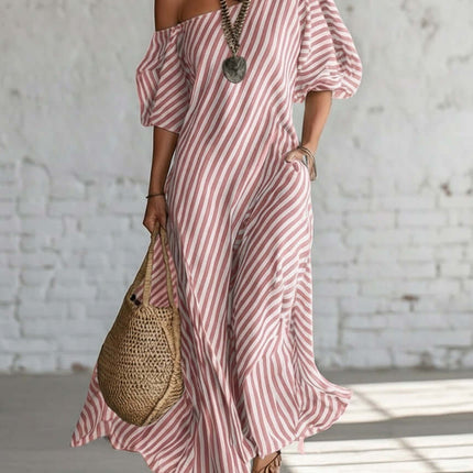 Striped Print Off-Shoulder Short Sleeve Maxi Dress lightweight breathable polyester short sleeve detailing close-up preview.