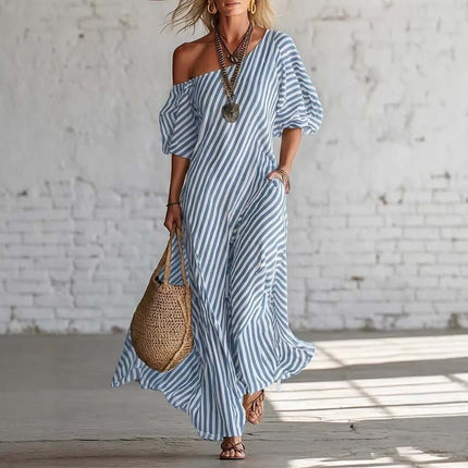 Striped Print Off-Shoulder Short Sleeve Maxi Dress mid-rise comfortable cinched waistline layout defining a slender body profile.