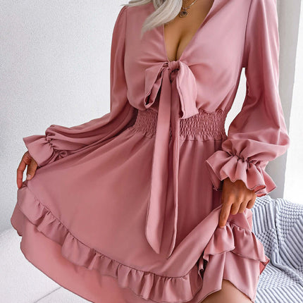 Summer Dresses Solid Color V-Neck Long Sleeve Dress soft pastel pink textile version outlining a romantic street fashion look.