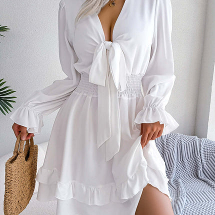Summer Dresses Solid Color V-Neck Long Sleeve Dress elegant solid white edition hanging beautifully for casual resort styling.