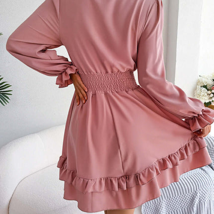Summer Dresses Solid Color V-Neck Long Sleeve Dress fitted casual long sleeve layout with durable cuff stitching lines.