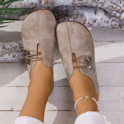 Summer Fashion Square Toe Slip-on Flat Sandals in beige with decorative buttons