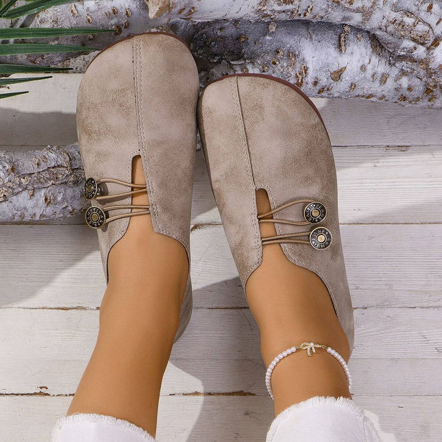 Summer Fashion Square Toe Slip-on Flat Sandals in beige with decorative buttons