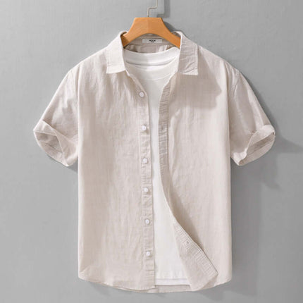 Summer Mens Clothing Simple Versatile Short Sleeve Shirt displayed on a hanger in a light fabric.