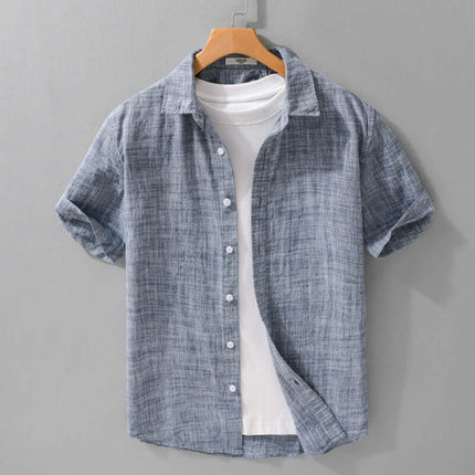 Summer Mens Clothing Simple Versatile Short Sleeve Shirt on a hanger, showcasing a casual and stylish look.