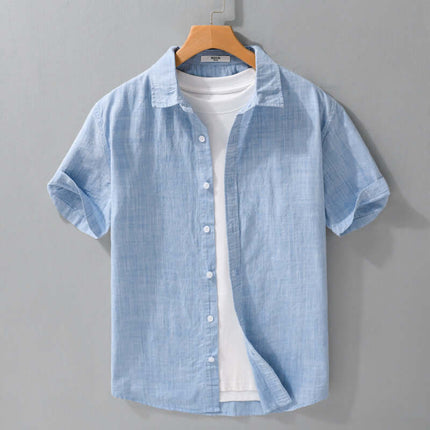 Summer Mens Clothing Simple Versatile Short Sleeve Shirt displayed on hanger, light blue color with short sleeves.