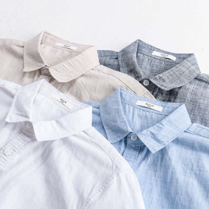 Summer Mens Clothing Simple Versatile Short Sleeve Shirt in various colors including white, light blue, beige, and gray.
