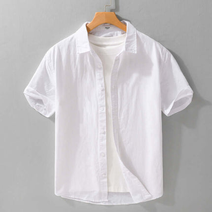 Summer Mens Clothing Simple Versatile Short Sleeve Shirt displayed on a hanger, featuring a clean white design.